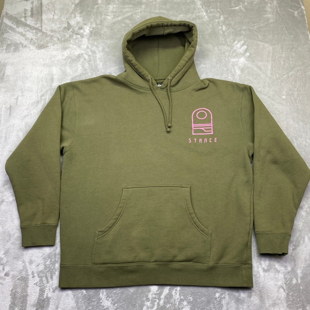 Stance The Pullover‎ Hoodie Olive Green Pink Logo Graphic Heavyweight Unisex XL
